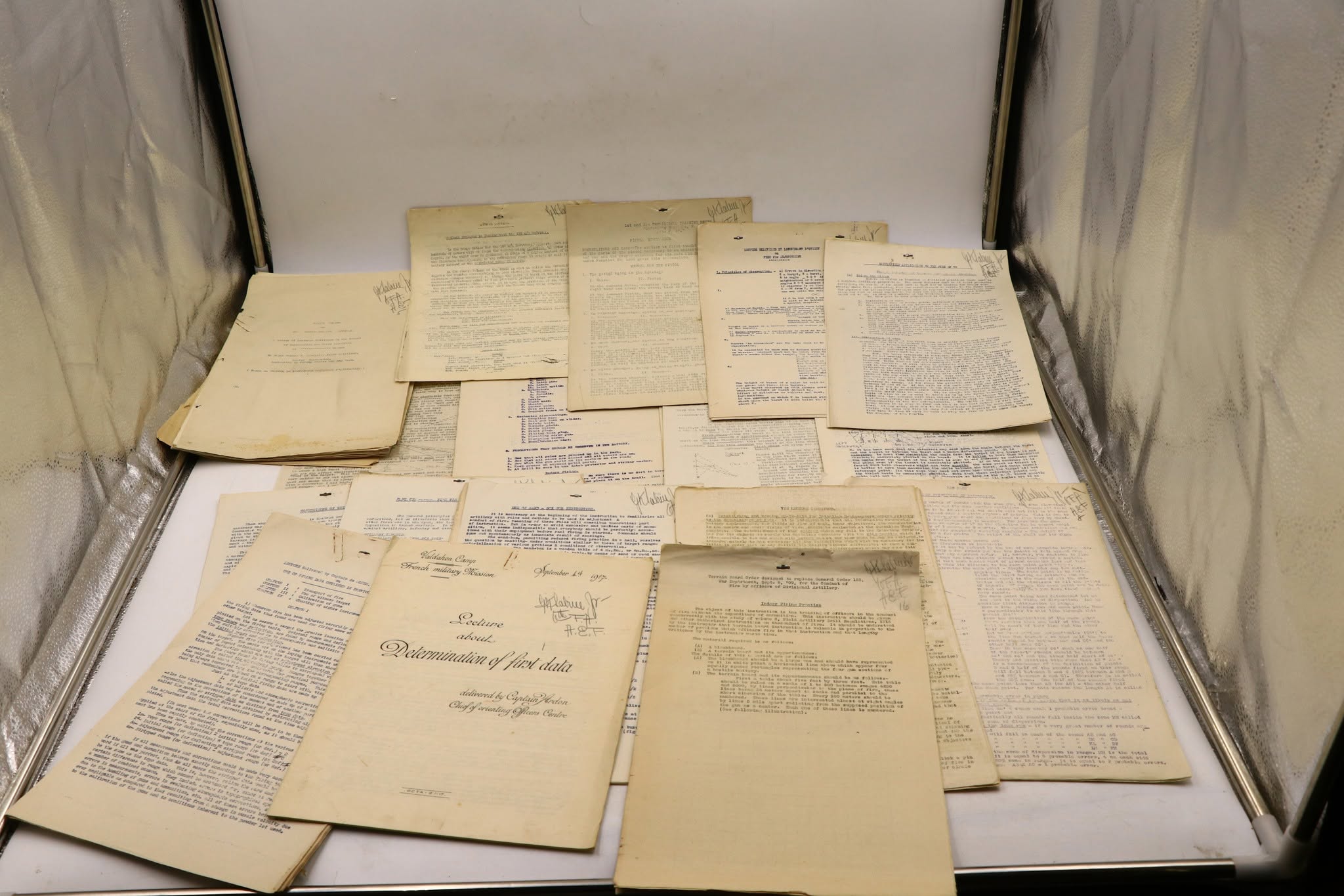 A substantial group of historical manuscripts and typed documents arranged for review