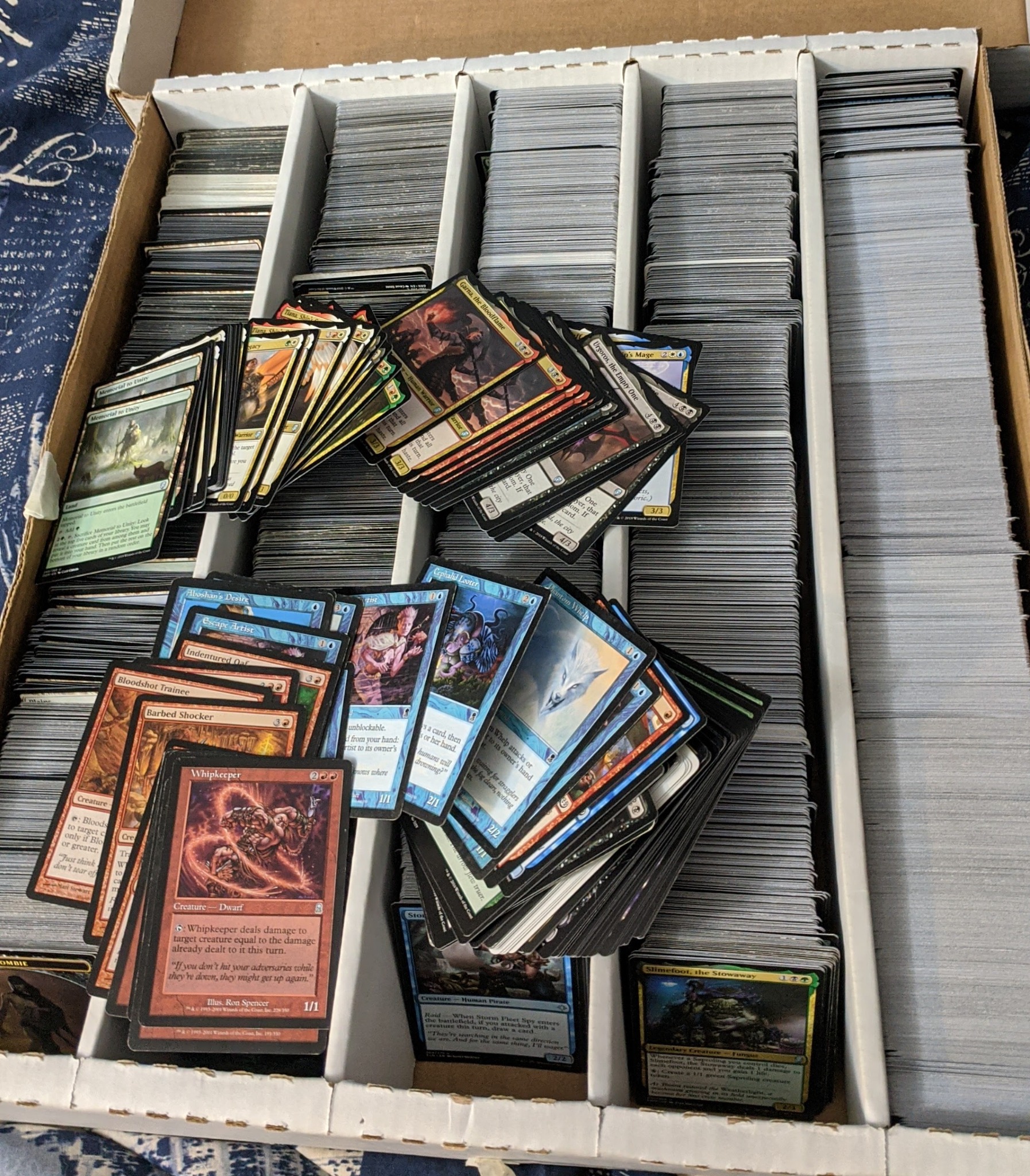 A large card box filled with Magic: The Gathering cards
