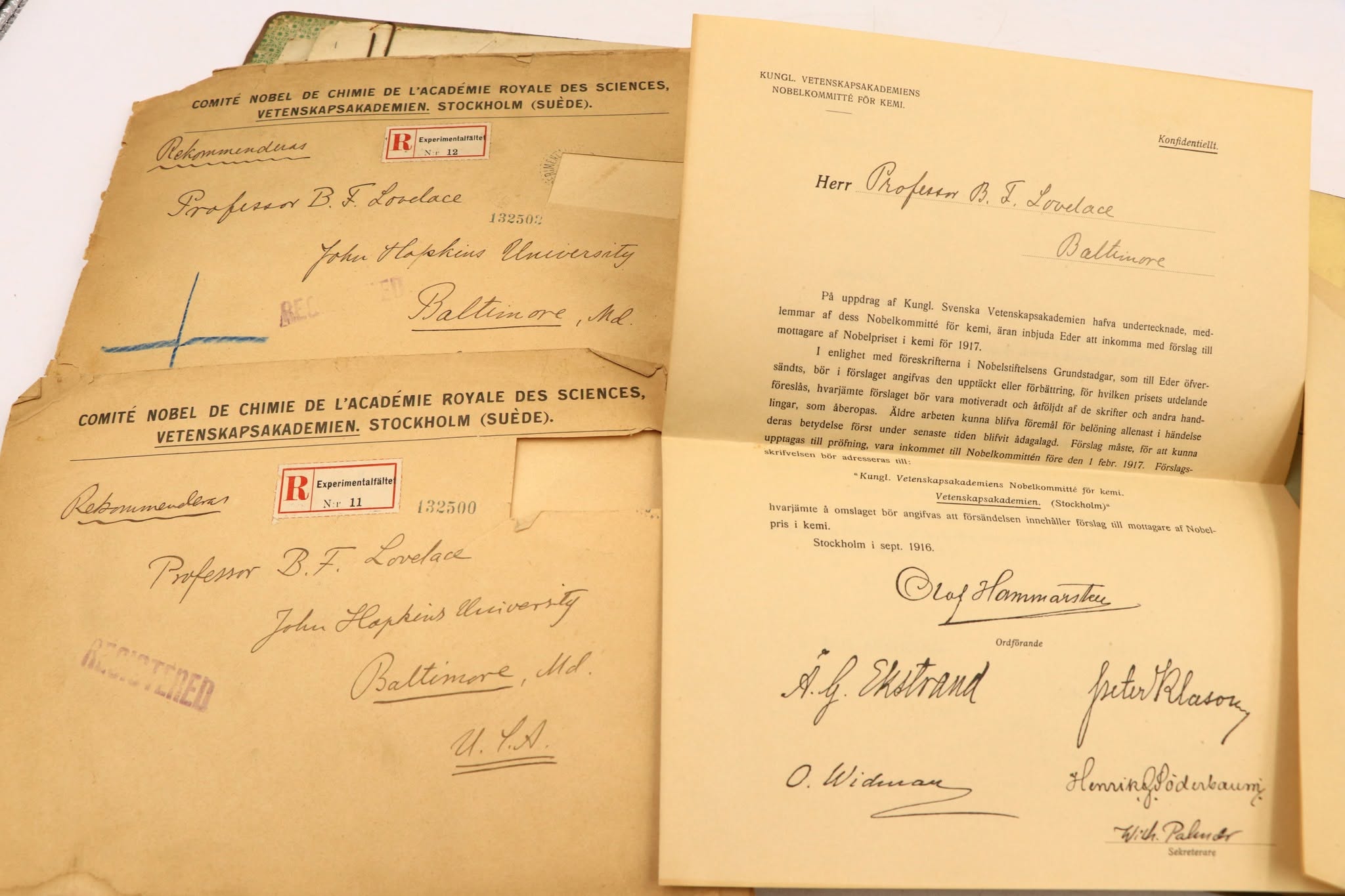 Historical Nobel Committee chemistry correspondence addressed to Professor B. F. Lovelace