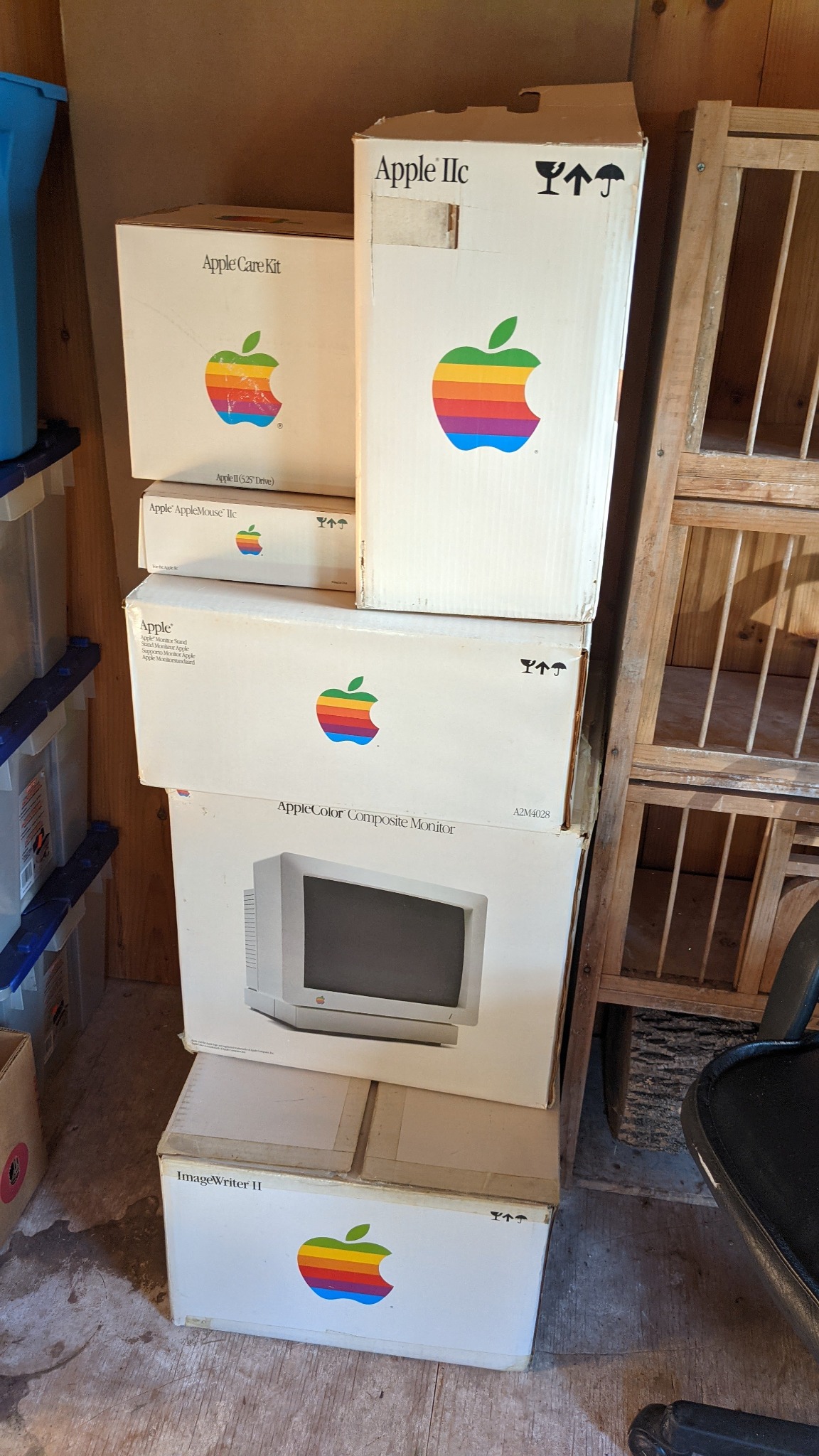 Original vintage Apple computer and accessory boxes with rainbow Apple logos
